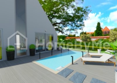 jardin style contemporain avec piscine creuse dalle chinoise pave chinois salon de jardin parasol boule lumineuse