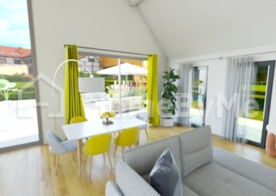 image réaliste salle à manger style contemporain rideaux jaune chaise jaune moutarde lampe directionnelle chaise blanche