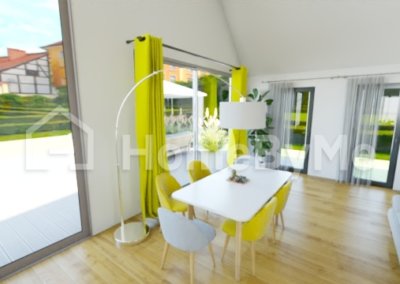 image réaliste salle à manger style contemporain rideaux jaune chaise jaune moutarde lampe directionnelle chaise blanche